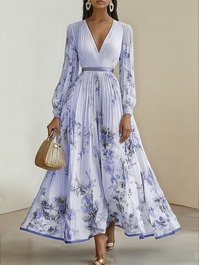 White Pleated Floral Chiffon V Neck Long Sleeve Balloon Sleeve A-Line Maxi Dress