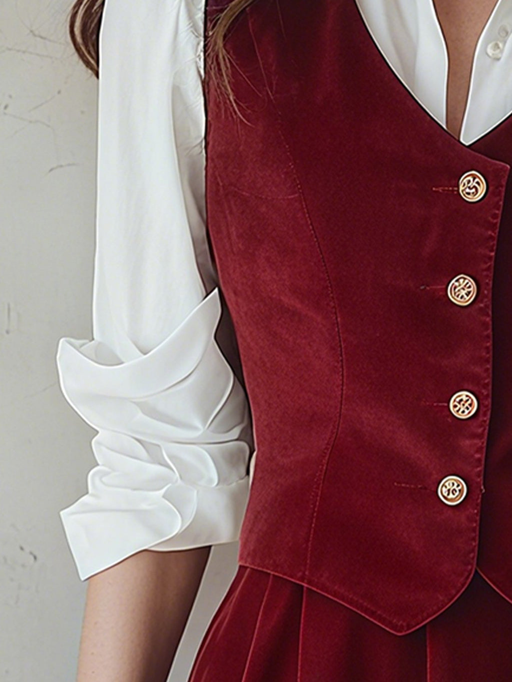 Cotton Vest (Shirt and Skirt Not Included), Sleeveless, V Neck, Plain, Button Design, Vintage, Wine Red