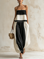 Black & White Color-Block Strapless Top & Balloon Pants Two-Piece Set
