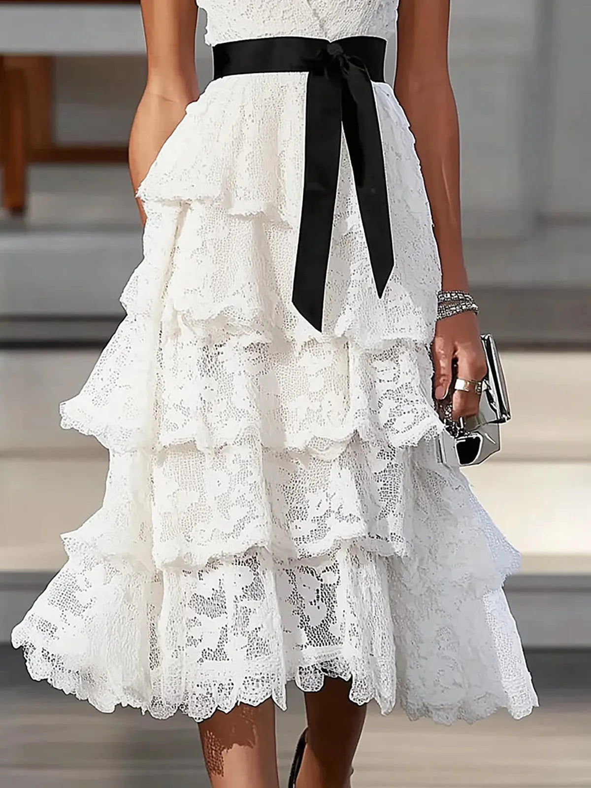 Chic White Lace Tiered Dress with Black Waist Tie