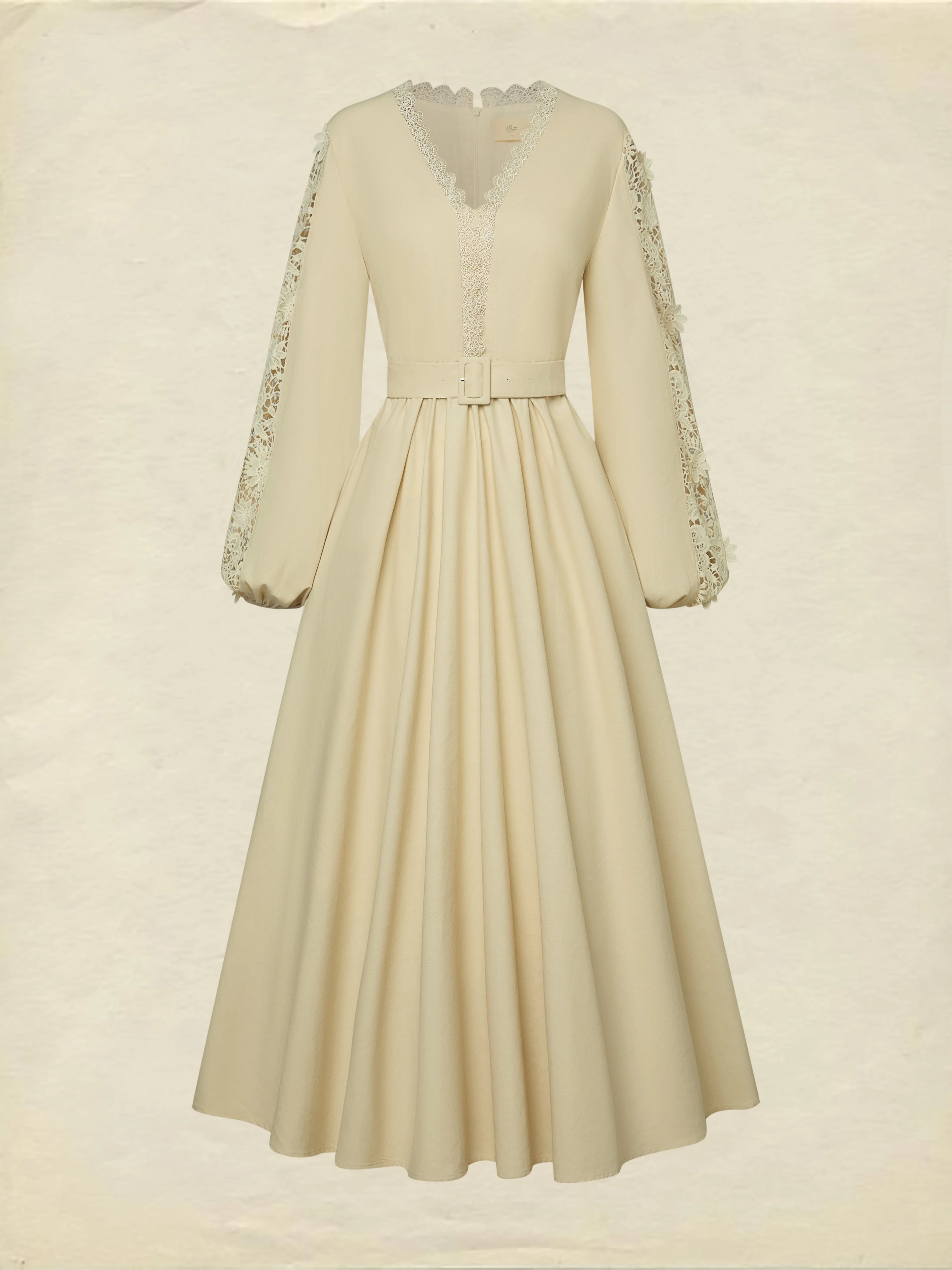 Midi Linen Dress, Long Sleeves, Plain, Lace, French Vintage, Apricot