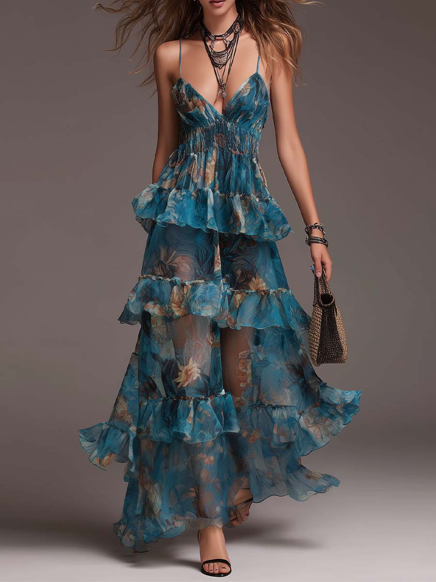 Bohemian Tiered Chiffon Floral Maxi Dress