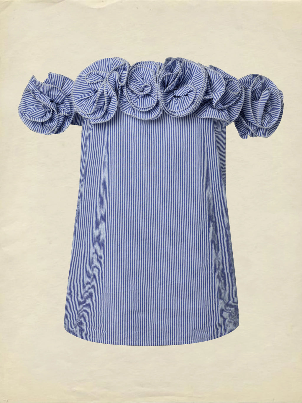 Linen Blouse, Sleeveless, Off The Shoulder, Striped, 3D Floral, French Vintage, Blue