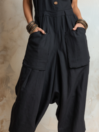 Black Linen-Blend Sleeveless Harem Jumpsuit | Effortless Boho Utility Style