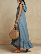 Light Wash Denim Ruffle-Sleeve Button-Down Maxi Dress