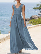 (SIZE:XS-XXL)Linen Maxi Dress, Sleeveless, V neck, Plain, Vintage, Blue