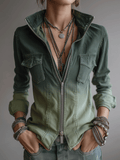 Casual Green Gradient Workwear Pocket Denim Zip-Up Shirt