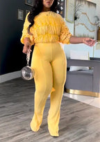 Off Shoulder Ruched Top & Flare Pants Two Piece Set