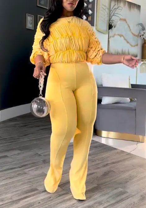 Off Shoulder Ruched Top & Flare Pants Two Piece Set