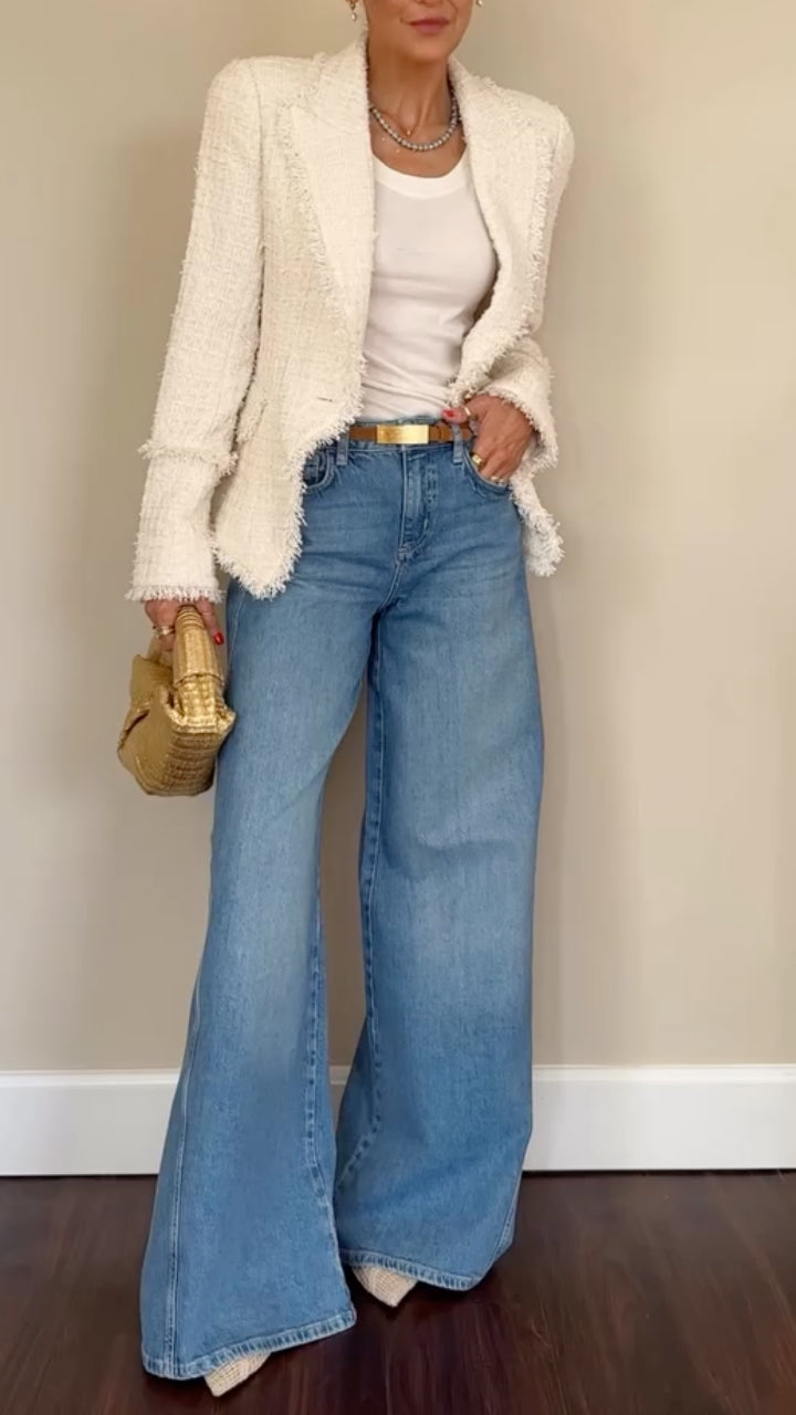 White Tweed Blazer & Wide‐Leg Denim Outfit