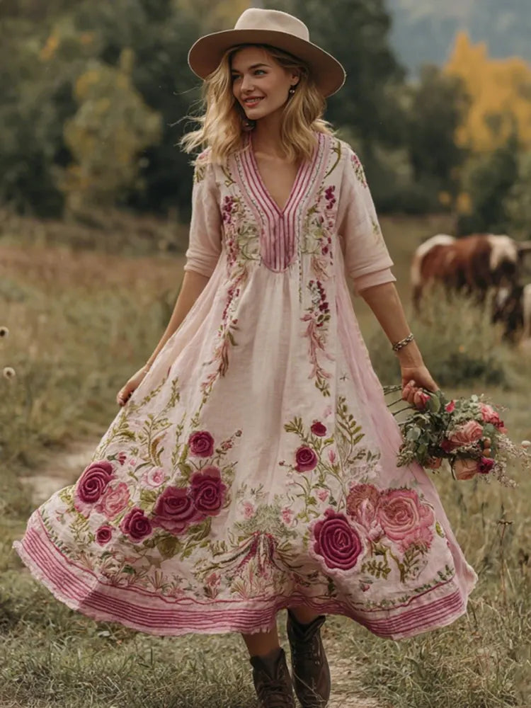 Classy Gradient Pink Roses And Striped  Embroidered Linen Maxi Dress