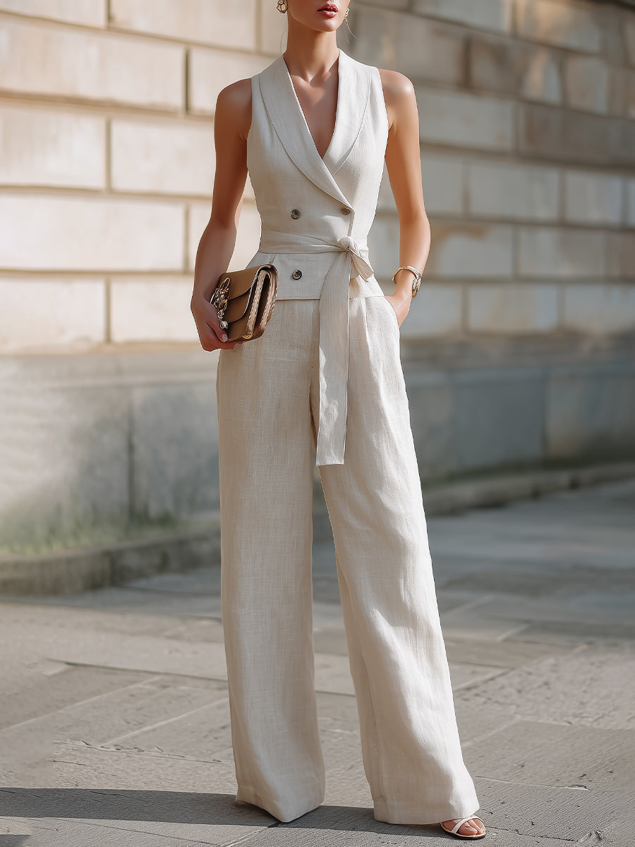 Double-Breasted Shawl Collar Belted Vest And Wide-Leg Pants Set