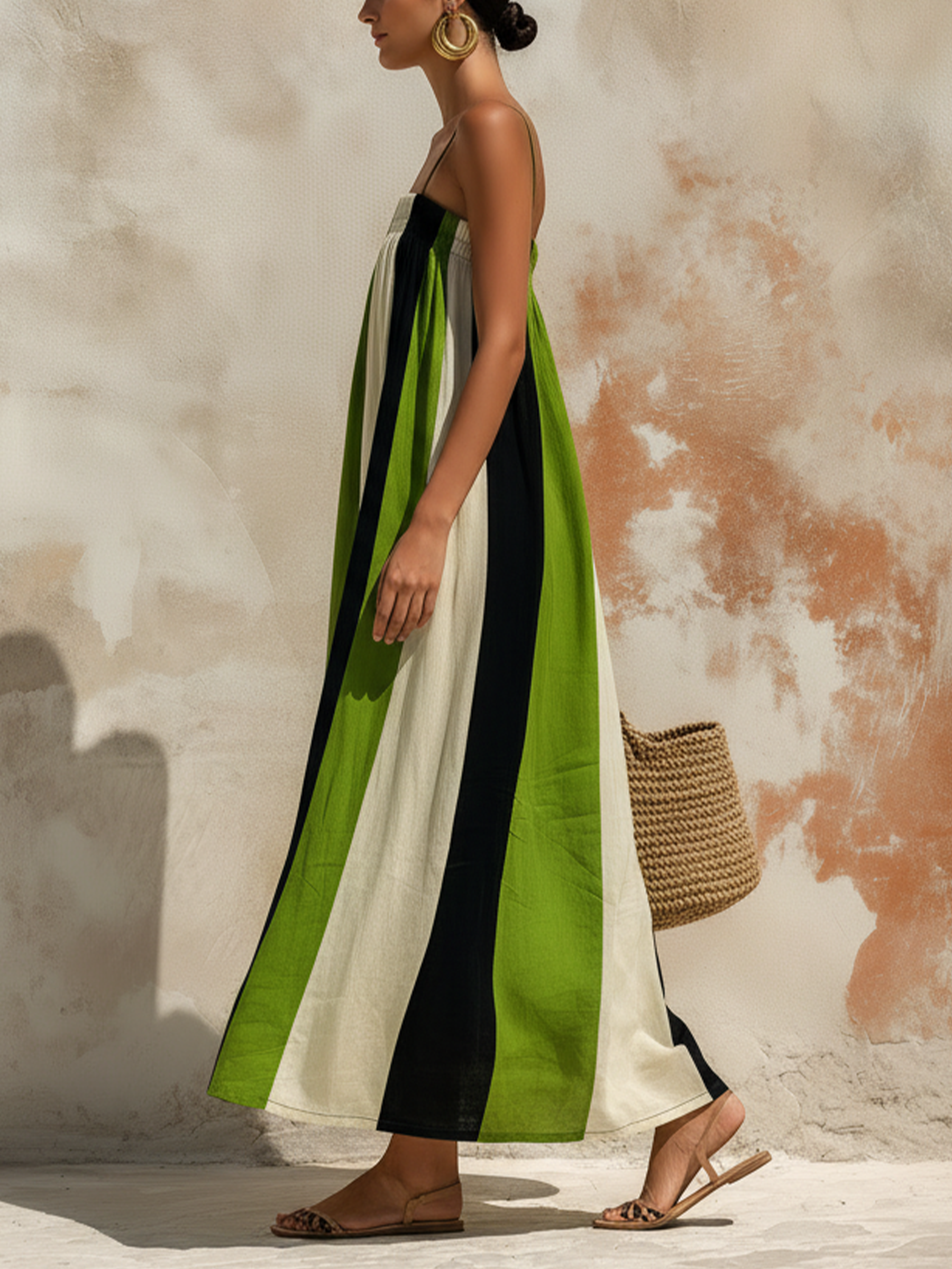 Color-Block Linen-Blend Strapless Maxi Dress