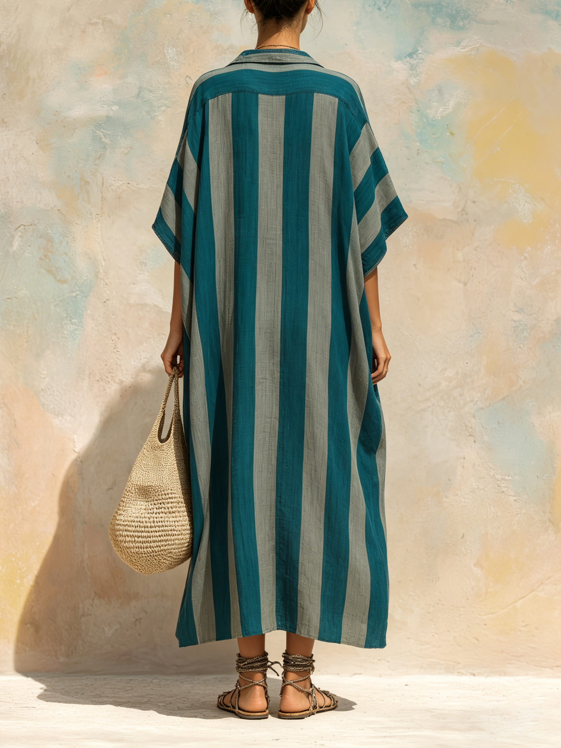 Teal Striped Linen-Blend Kaftan Maxi Dress | Effortless Boho Chic