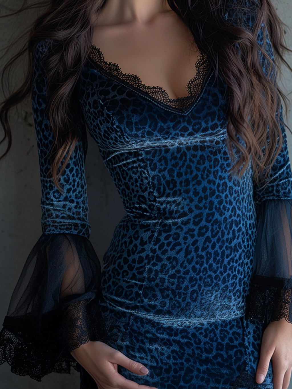 Midnight Blue Velvet Leopard Print Cocktail Dress