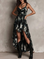 Boho Floral Print High-Low Ruffled Midi Dress