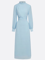 Light Blue Chiffon Mock Neck Long Sleeve Balloon Sleeve A-Line Maxi Dress