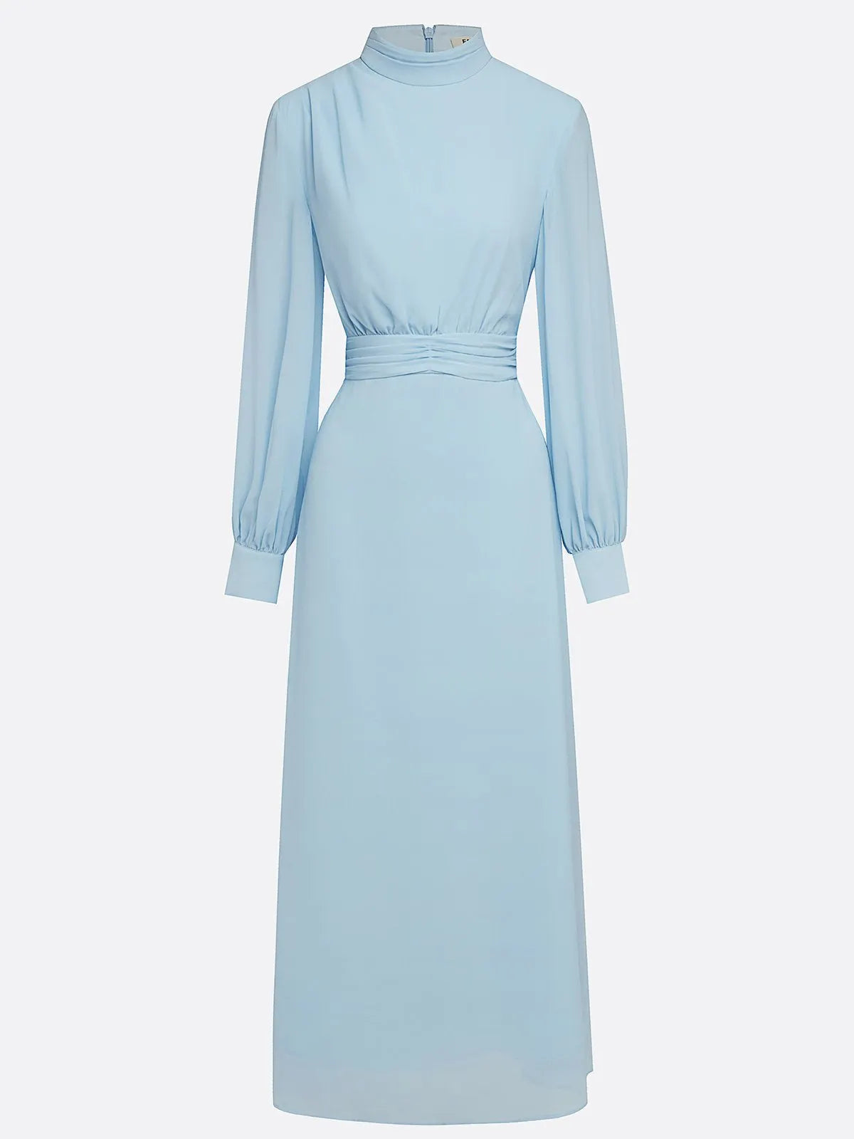 Light Blue Chiffon Mock Neck Long Sleeve Balloon Sleeve A-Line Maxi Dress