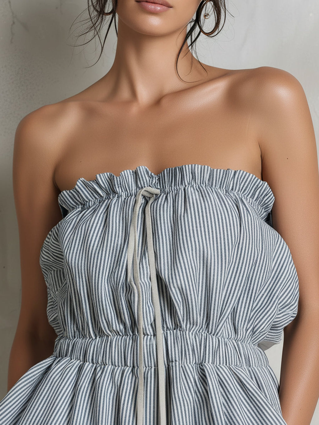 Striped Denim Strapless Wide-Leg Jumpsuit