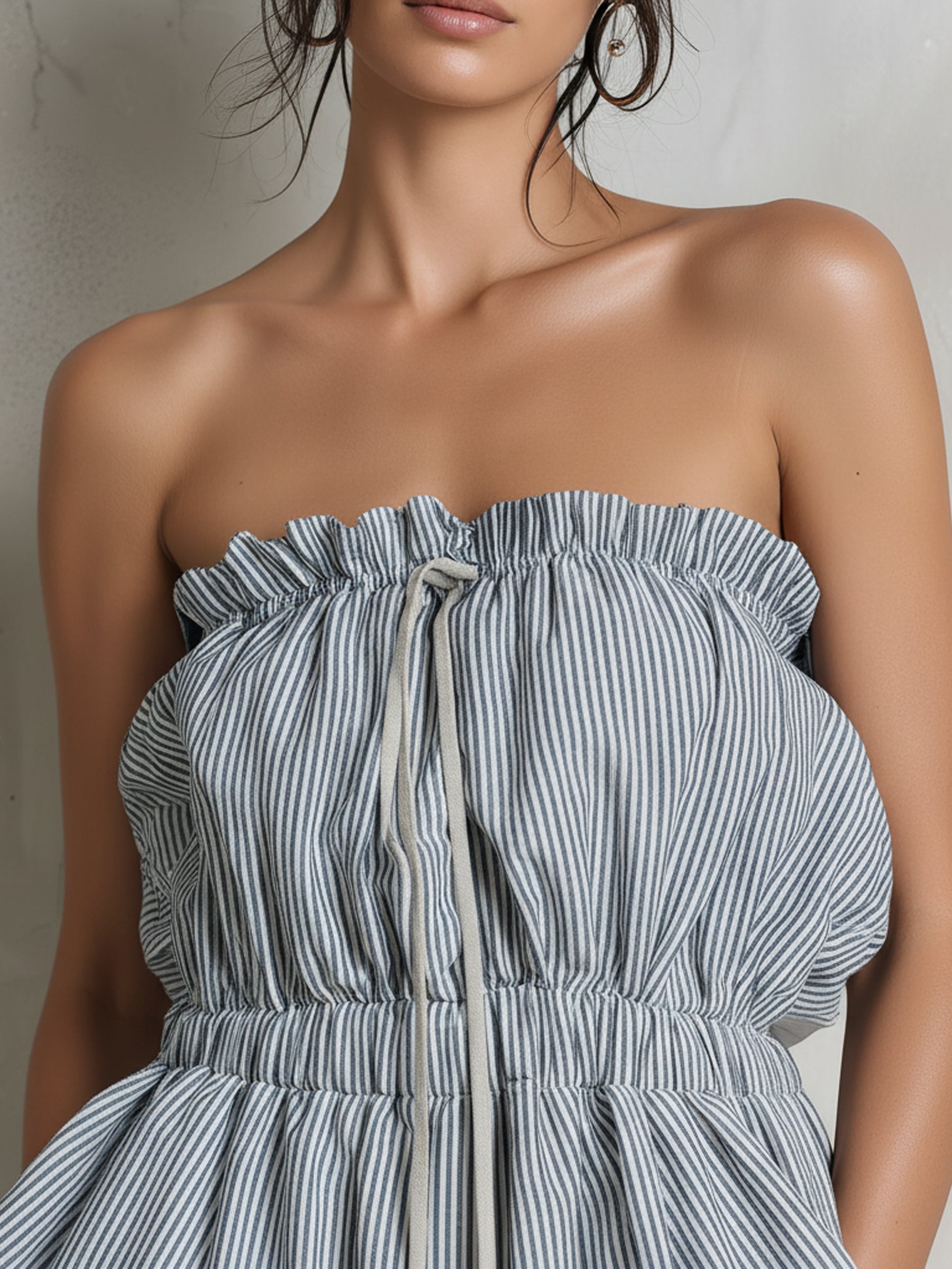 Striped Denim Strapless Wide-Leg Jumpsuit