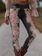 Women's Vintage Rose Floral Embroidery Art Loose Jeans