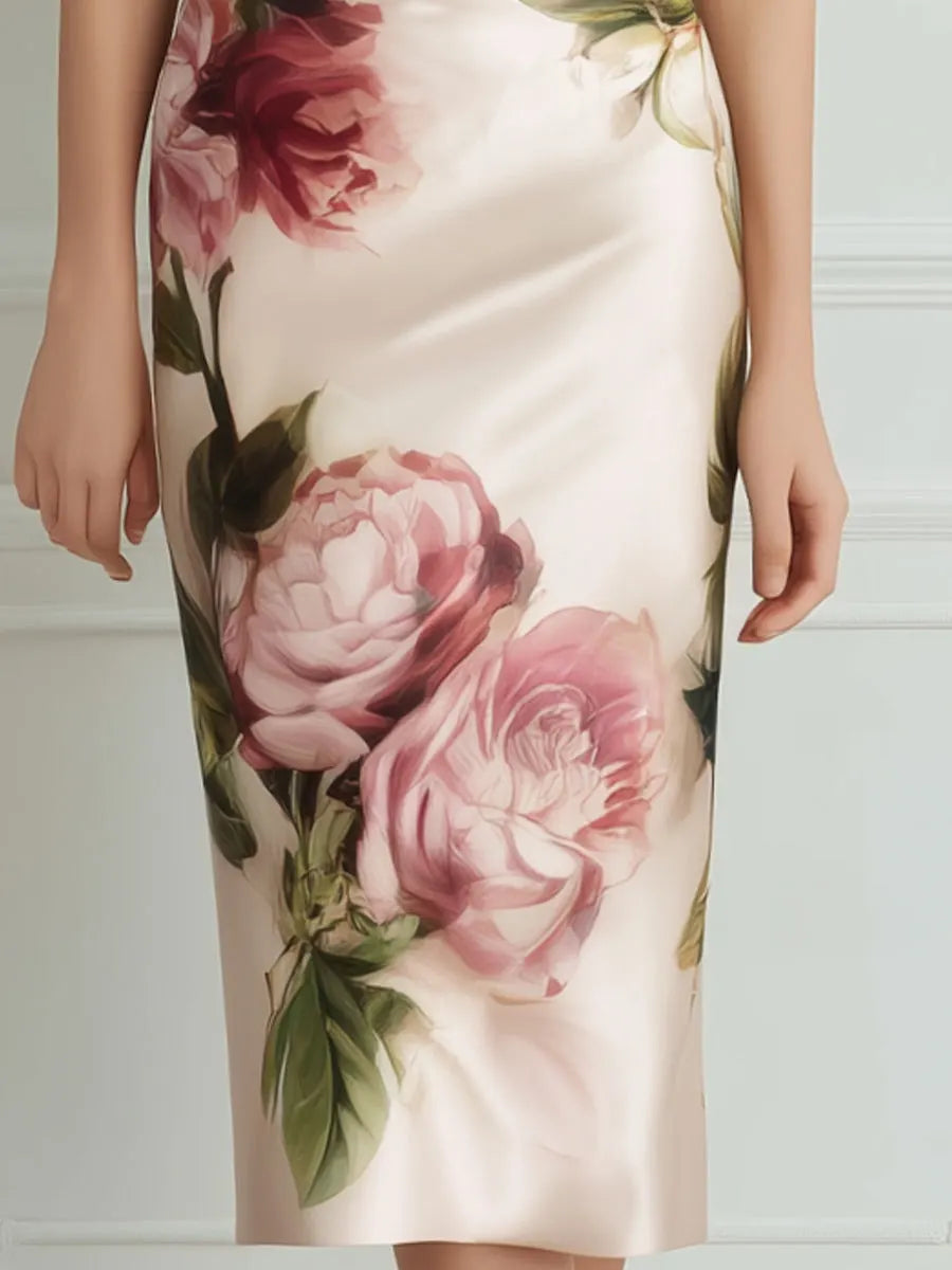 Deep V-Neck Draped Waist Floral Print Fitted Midi Dress