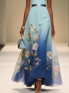 Light Blue Ombre Floral Chiffon V Neck Sleeveless A-Line Midi Dress