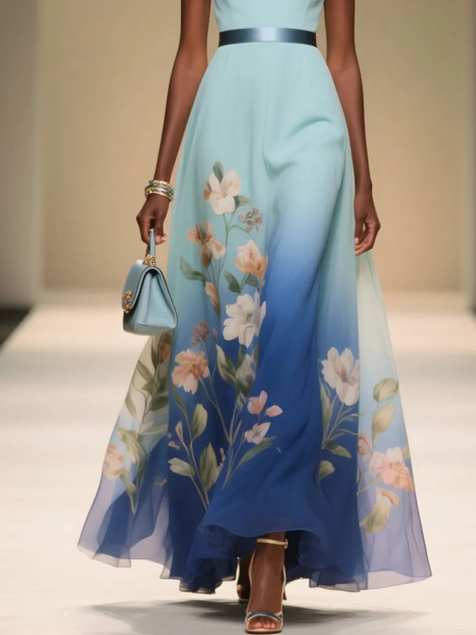 Light Blue Ombre Floral Chiffon V Neck Sleeveless A-Line Midi Dress