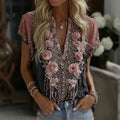 Women's Vintage Pink Rose Embroidered Linen Blend T-shirt