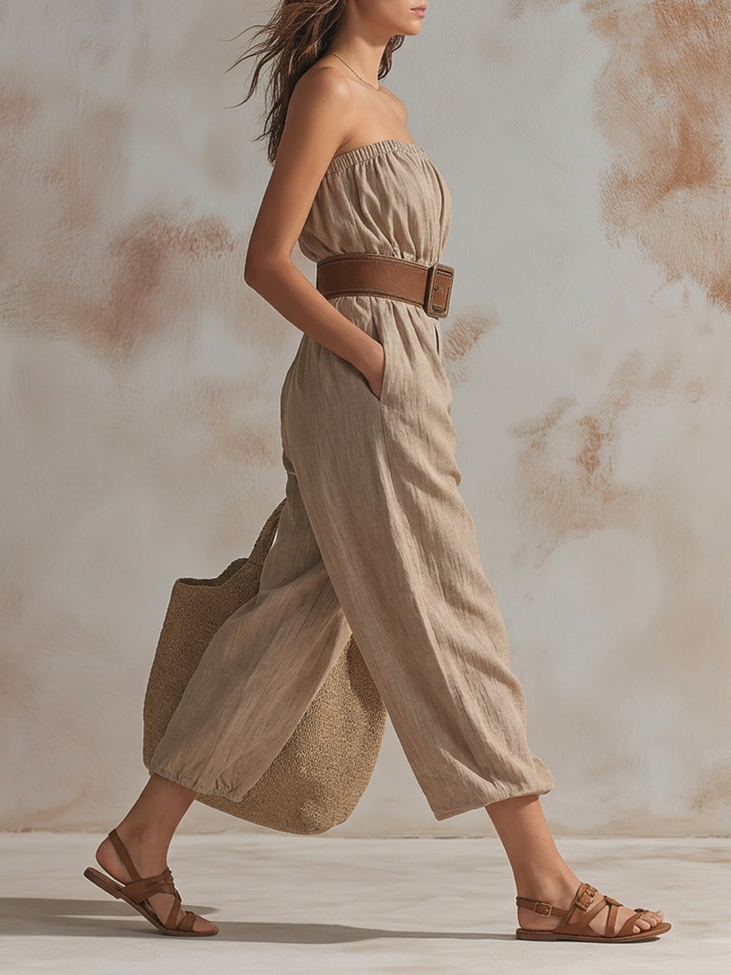 Strapless Linen Belted Wide-Leg Jumpsuit
