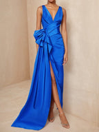 Royal Blue Bow Asymmetric Satin V Neck Sleeveless A-Line Maxi Dress