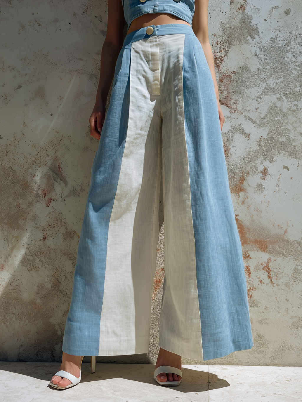 Blue & White Colorblock Linen Wide Leg Pants