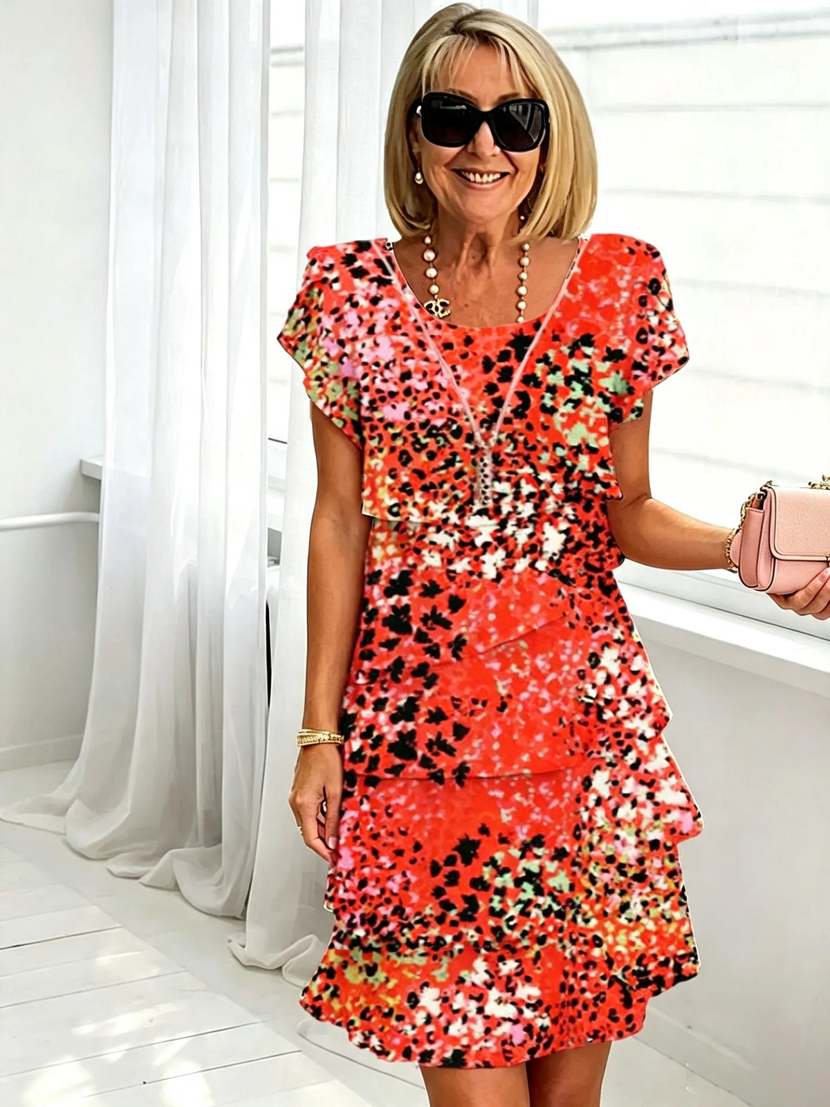 Women's Floral Print Tiered Chiffon Dress, Short Flutter Sleeve Loose Multi-Layer Tummy Covering Shift Dress, Casual Summer Flowy Dress for Daily Vacation Beach