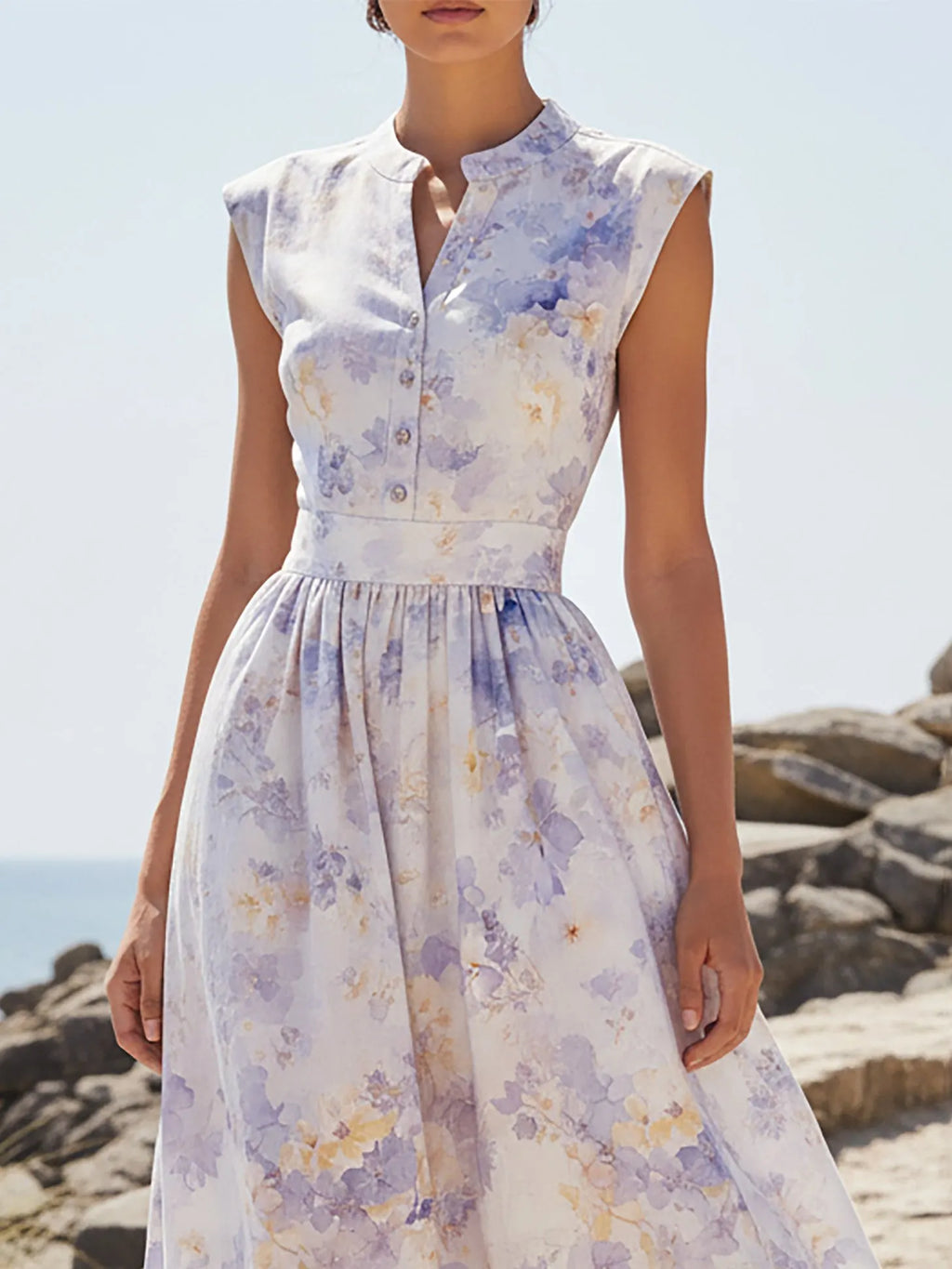 Maxi Linen Dress, Cap Sleeves, V Neck, Floral, Button Design, Vacation, Vintage, lavender