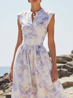 Maxi Linen Dress, Cap Sleeves, V Neck, Floral, Button Design, Vacation, Vintage, lavender