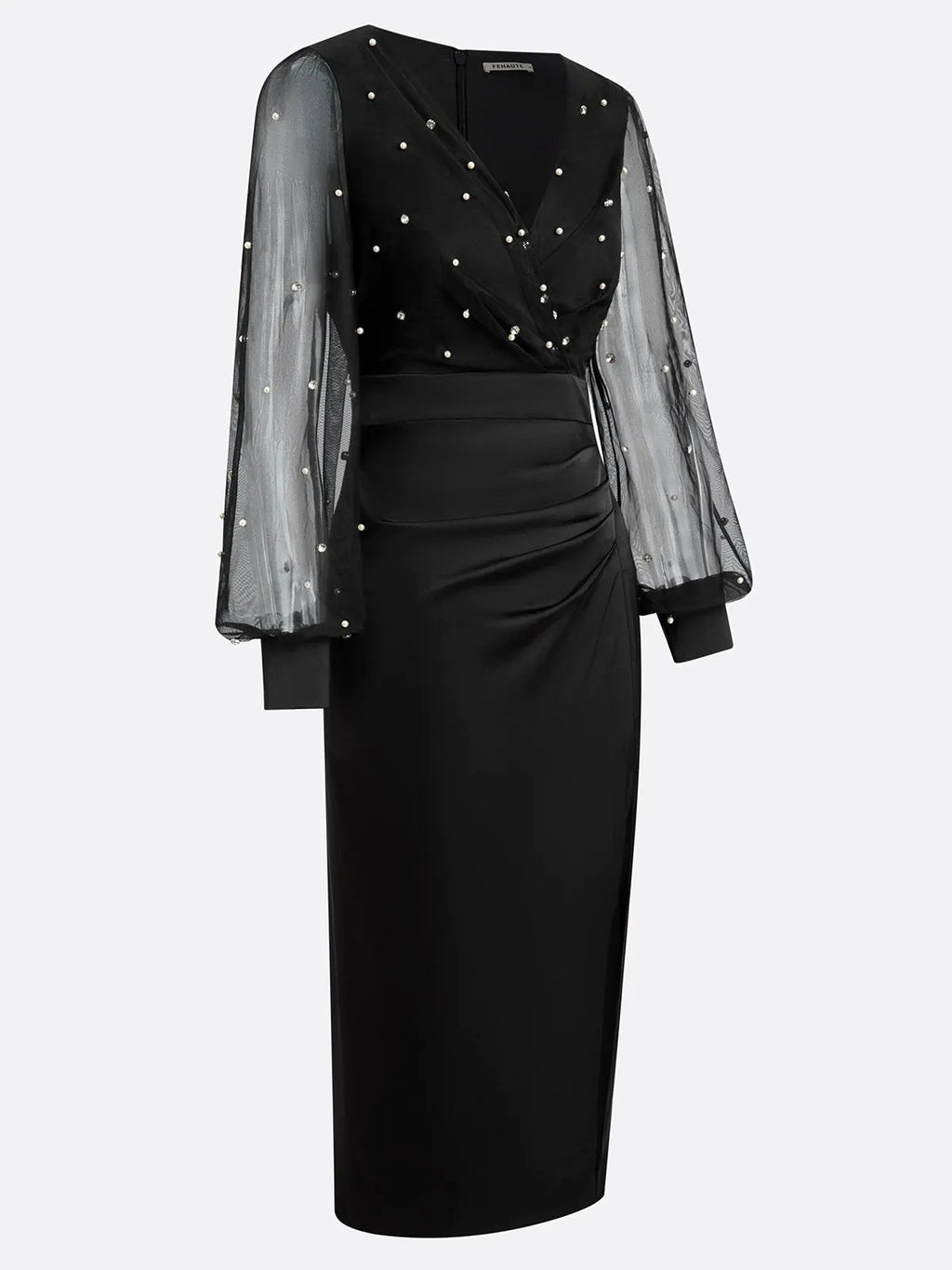 Black Beaded Slit Satin V Neck Long Sleeve Balloon Sleeve Sheath Midi Dress