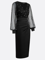 Black Beaded Slit Satin V Neck Long Sleeve Balloon Sleeve Sheath Midi Dress