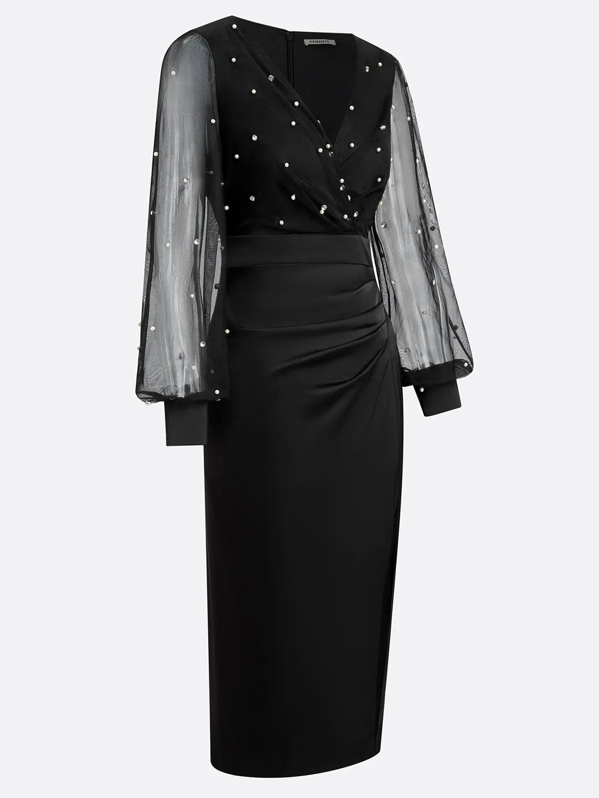 Black Beaded Slit Satin V Neck Long Sleeve Balloon Sleeve Sheath Midi Dress