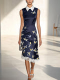 Navy Blue Satin Dress with Butterfly Print and White Lace Trim