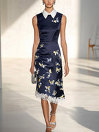Navy Blue Satin Dress with Butterfly Print and White Lace Trim