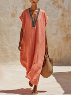 Coral Linen-Blend Contrast Trim Kaftan Maxi Dress