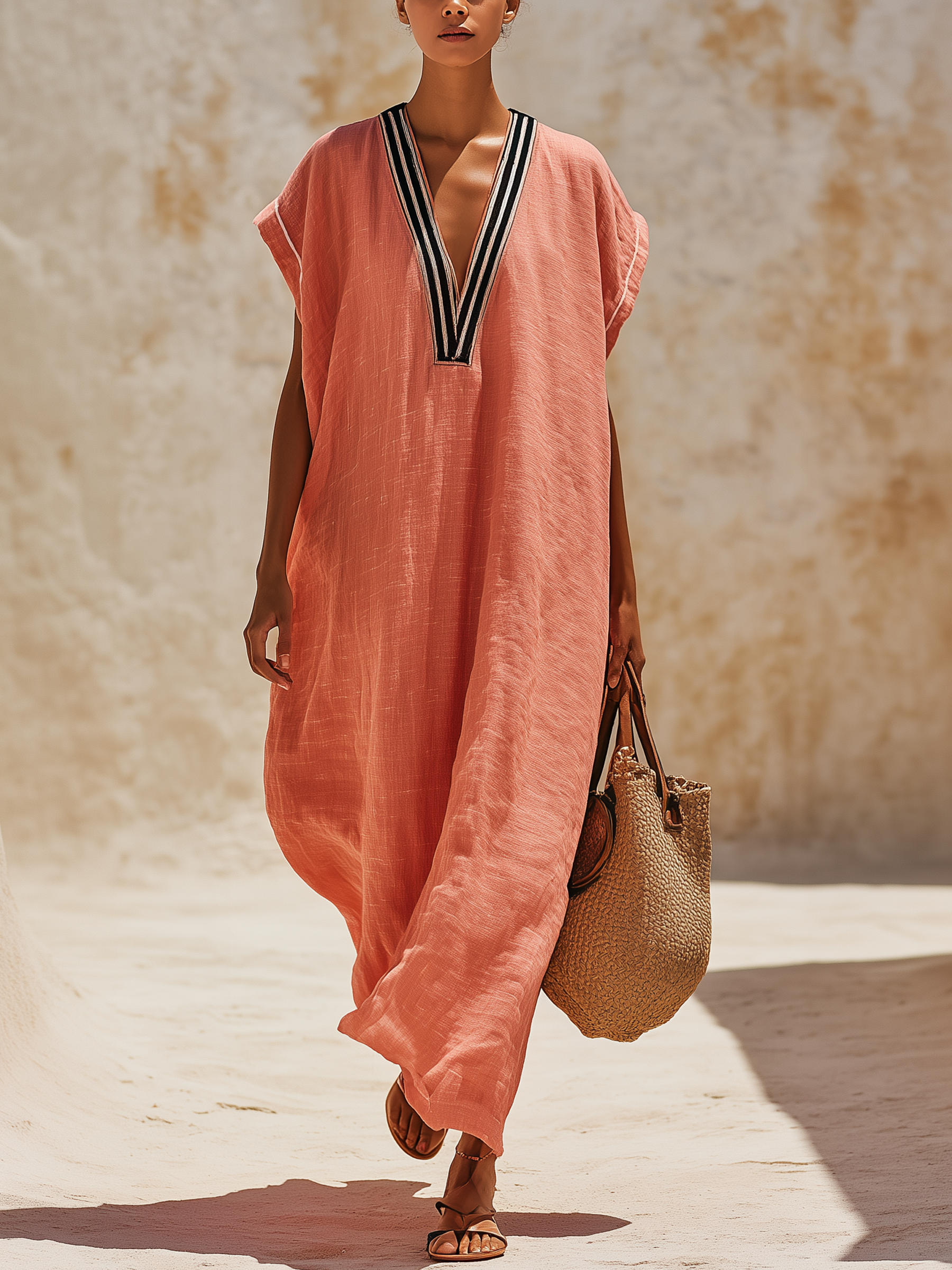 Coral Linen-Blend Contrast Trim Kaftan Maxi Dress