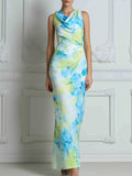 Draped Cowl Neck Printed Maxi Dress
