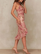 Elegant Blush Floral Ruched Bodycon Midi Dress With Ruffled Hem