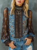 Vintage Boho Floral High Neck Sheer Lace Blouse With Puff Sleeve