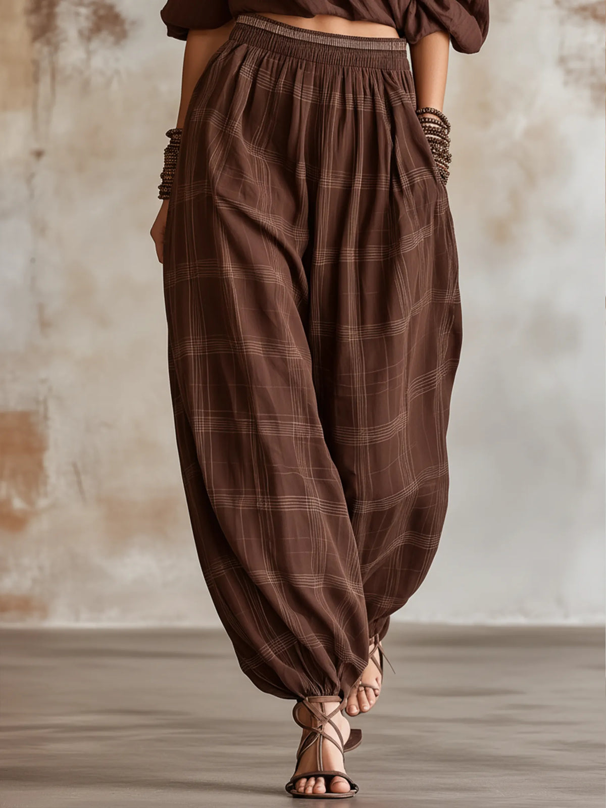Chocolate Brown Plaid Cold-Shoulder Top & Harem Pants Loungewear Set