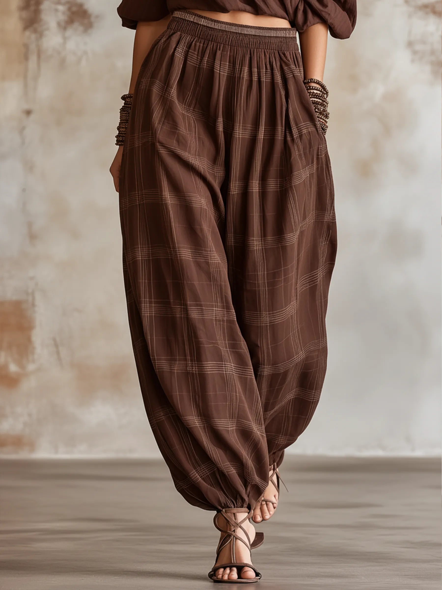Chocolate Brown Plaid Cold-Shoulder Top & Harem Pants Loungewear Set