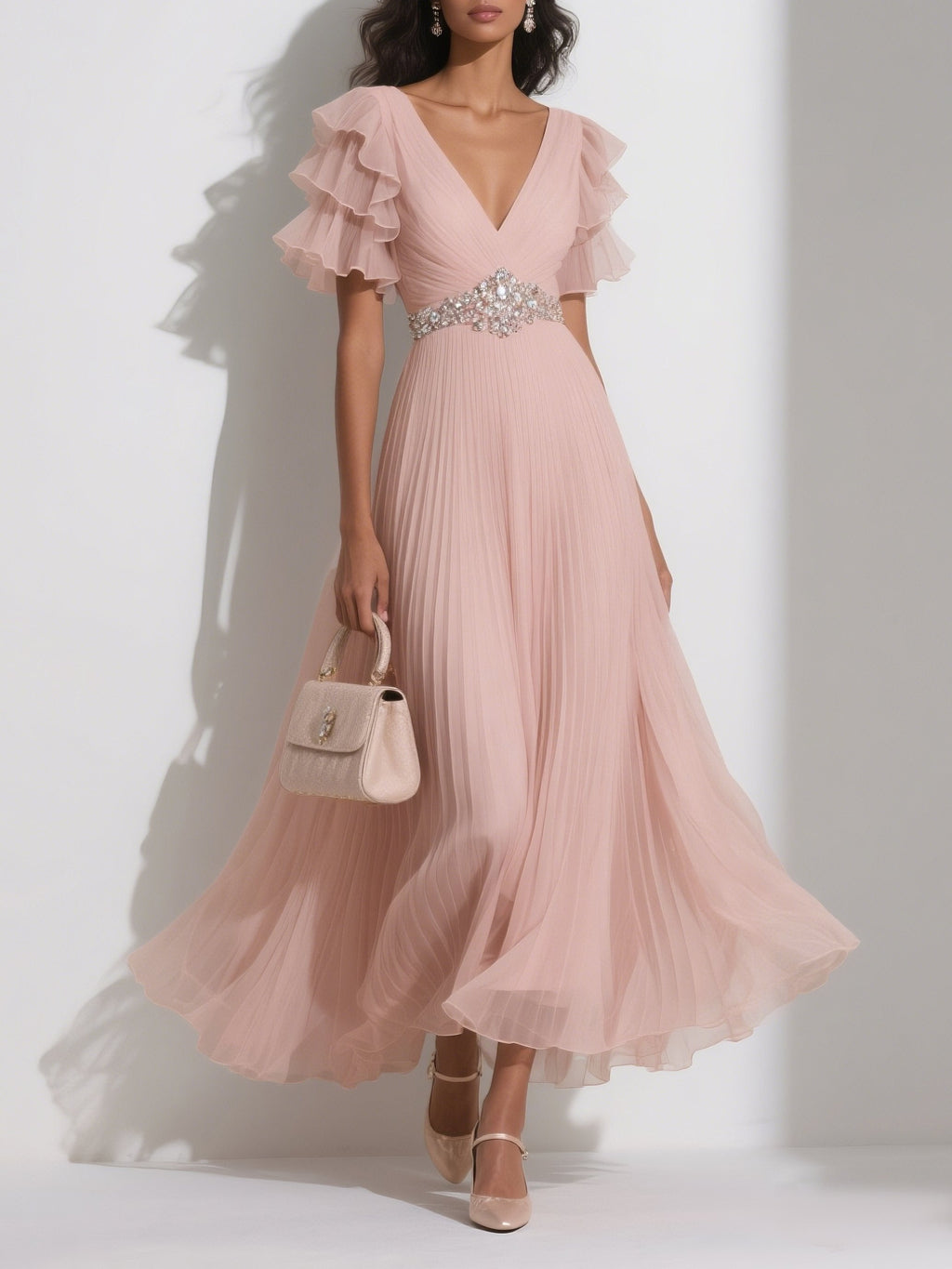 Pink Pleated Rhinestone Chiffon V Neck Short Sleeve Ruffle Sleeve A-Line Maxi Dress