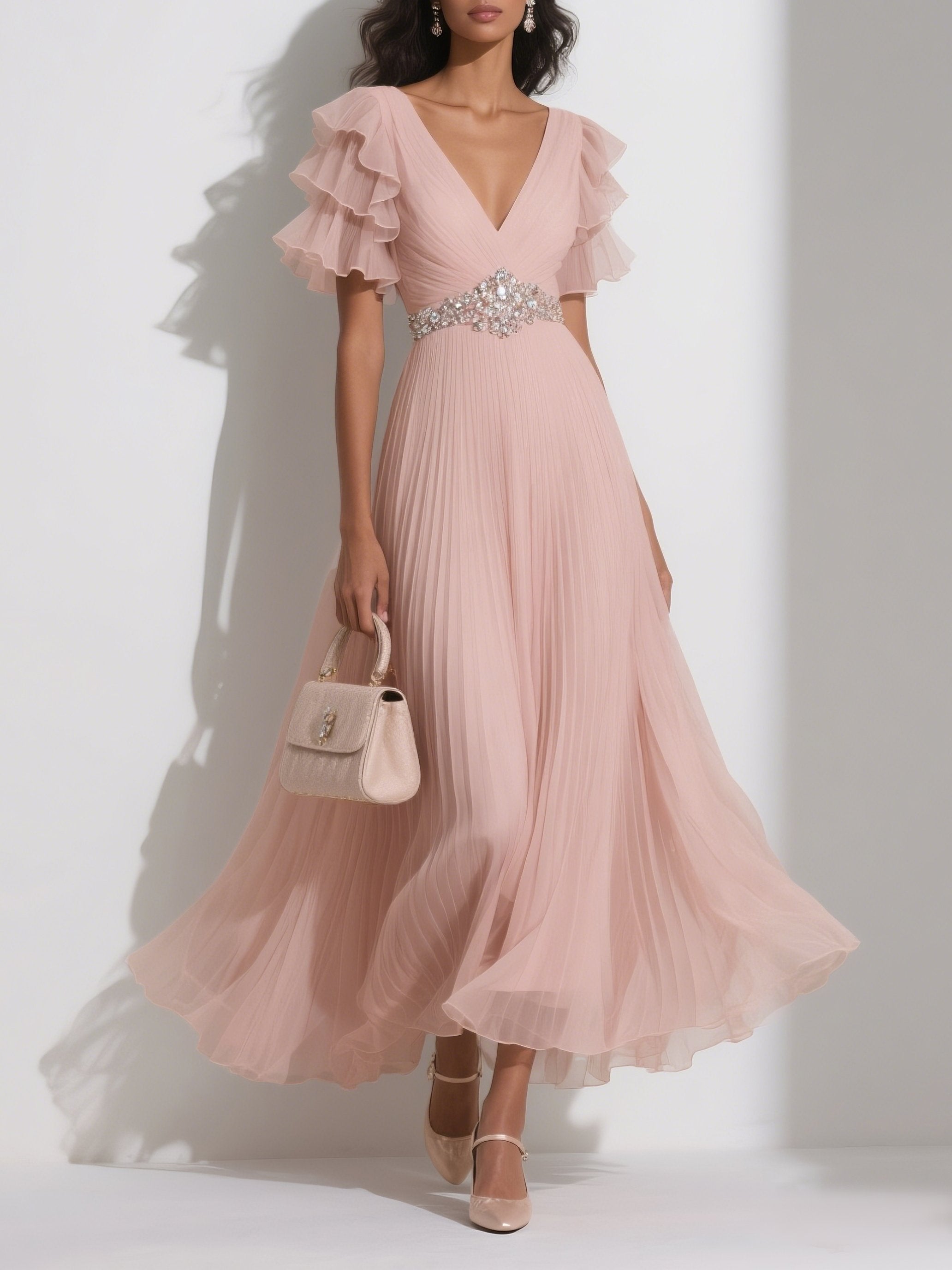 Pink Pleated Rhinestone Chiffon V Neck Short Sleeve Ruffle Sleeve A-Line Maxi Dress