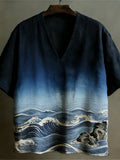 Japanese Ocean Gradient Pattern Linen Short Sleeve V-neck Shirt